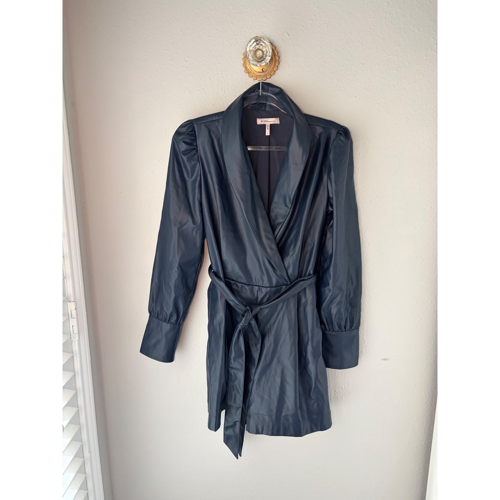 BCBGeneration Dark Navy Faux Leather Belted Romper Shawl Collar Long Sleeves M